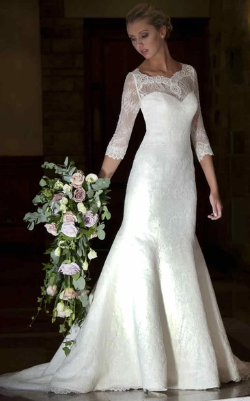 V-Neck Lace Mermaid Wedding Dress Illusion 3-4-Sleeve