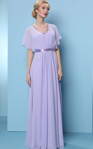 Beaded Chiffon Bridesmaid Dress with V-Neck and Poet Sleeves