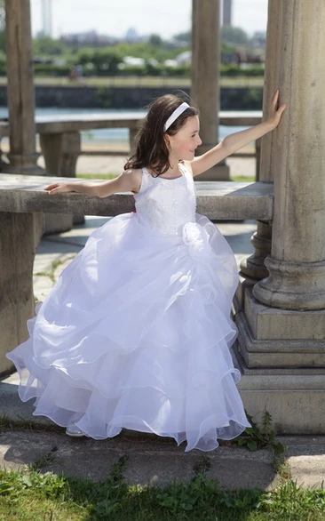 Flower Girl Organza Ball Gown with Square Neckline Floral Detail and Layered Skirt