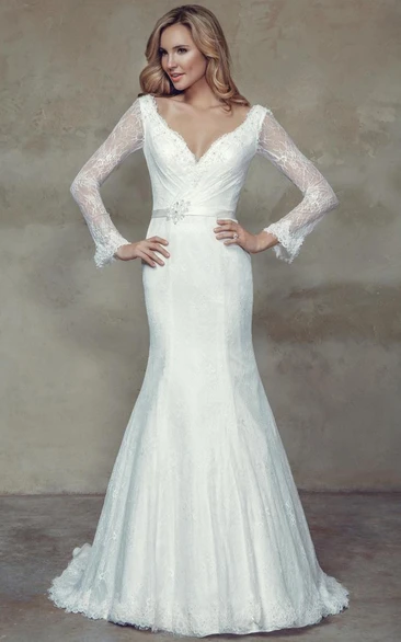 V-Neck Trumpet Lace Wedding Dress with Long Sleeves and Waist Jewelry