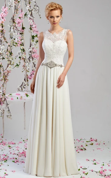 Sleeveless Appliqued Chiffon Wedding Dress with Waist Jewelry Sheath Style