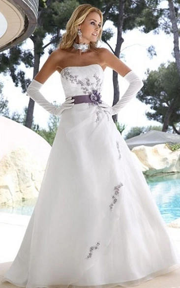 Satin Floral A-Line Wedding Dress with Strapless Bodice and Draping
