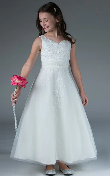 Embroidered A-line Tulle Flower Girl Dress with Crystal Modern Ankle Length