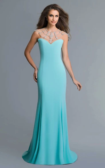 Floor-Length Beaded Illusion A-Line Bridesmaid Dress in Jersey Fabric
