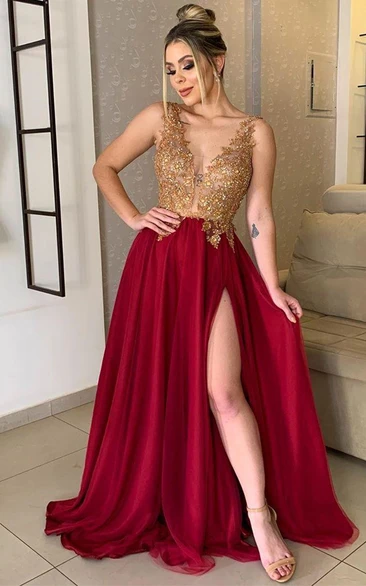 Lace A-Line Prom Dress with Beadings and Split Front Casual Formal Dress