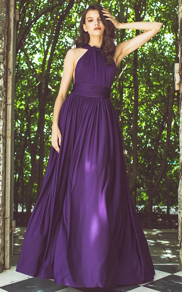 Casual Jersey Bridesmaid Dress with Halter Neck & Pleated Cross Back