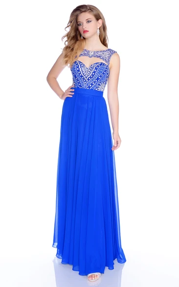 Sleeveless Chiffon A-Line Prom Dress with Sequined Bodice and Keyhole Back