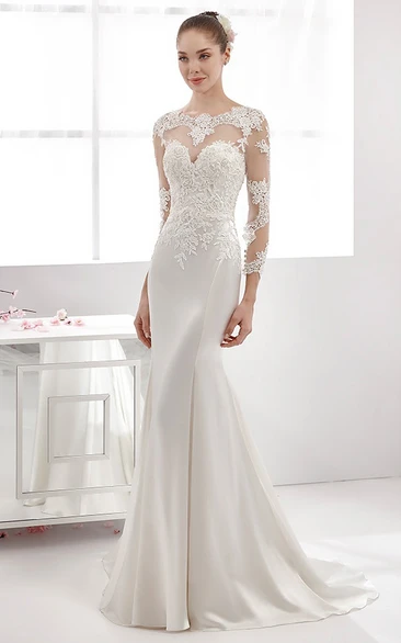 Satin Sheath Wedding Dress with Long Sleeves and Lace Appliques