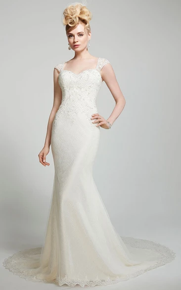 Illusion Back Cap-Sleeve Lace Trumpet Wedding Dress with Chapel Train