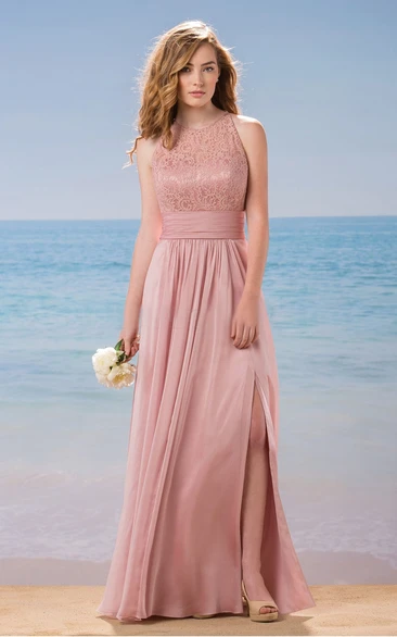 High-Neck A-Line Gown with Front Slit and Keyhole Back Keyhole Back High-Neck A-Line Gown with Front Slit