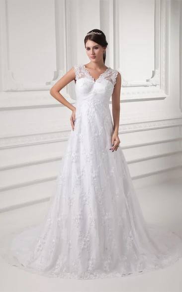 Lace A-line Wedding Gown with V-neck and Low-v Back Modern Bridal Dress