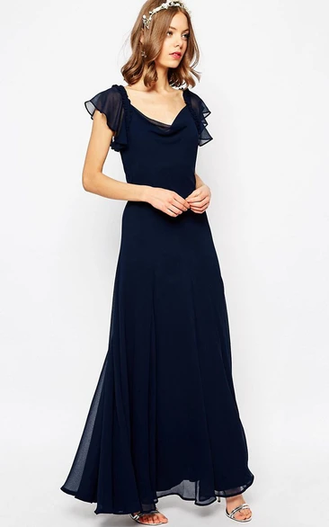 Maxi A-Line Chiffon Bridesmaid Dress with Poet Sleeves and Cowl Neck