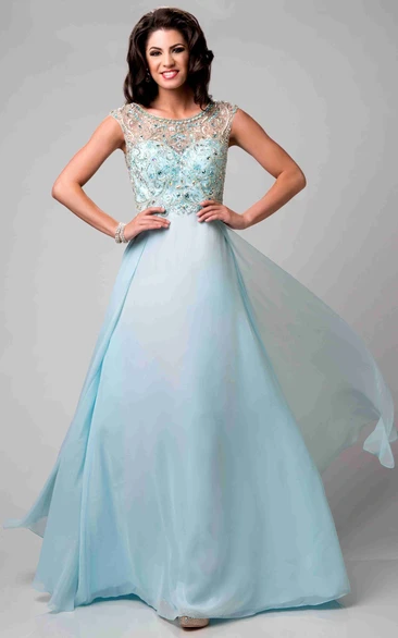 Chiffon Prom Dress with Beaded Bodice Cap Sleeves and Elegant Bateau Neckline