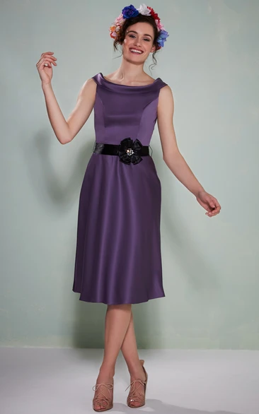 Floral Satin Tea-Length Bridesmaid Dress with Sash Elegant Bridesmaid Dress