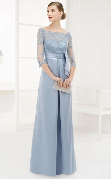 A-Line Floor-Length Prom Dress with Beading Bateau-Neck 3-4-Sleeve Satin