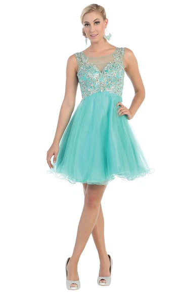 Bateau A-Line Tulle Illusion Dress with Beading and Pleats Prom Dress