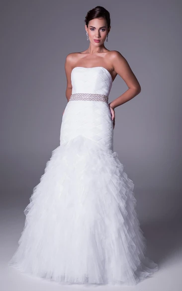 Strapless Tulle Wedding Dress with Cascading Ruffles and Jeweled Waist Flowy Bridal Gown
