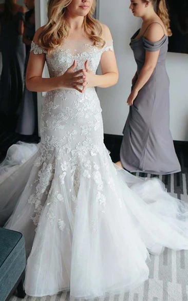 Lace Tulle Off-the-Shoulder Mermaid Wedding Dress with Zipper