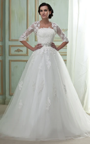 A-Line Lace Wedding Gown with Bolero and Tulle Overlay Strapless Bridal Dress