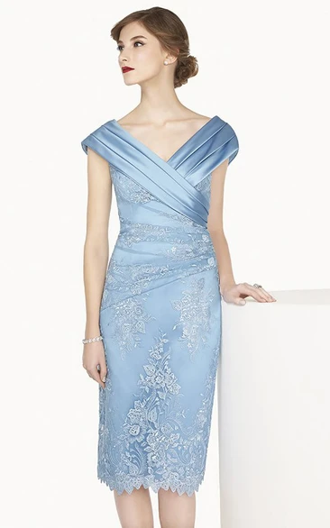 Satin V Neck Cap Sleeve Sheath Knee Length Lace Prom Dress Blue