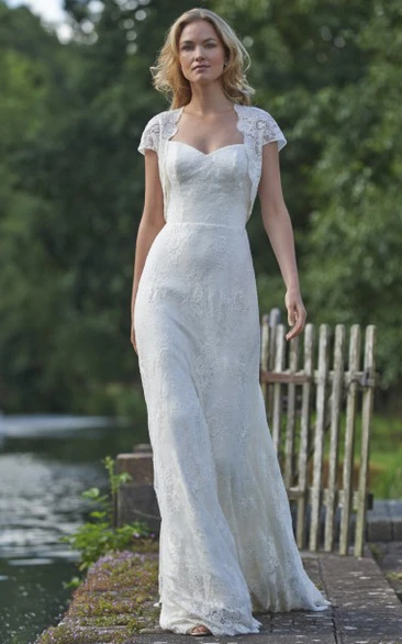 Lace Appliqued Cap-Sleeve Wedding Dress with Square Neckline