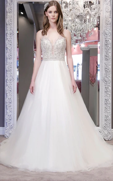 Jewel-Neck Sleeveless Tulle Wedding Dress with Crystal Detailing