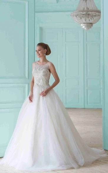 Sleeveless A-Line Beaded Tulle Wedding Dress with Ruffles Elegant Floor-Length Bridal Gown