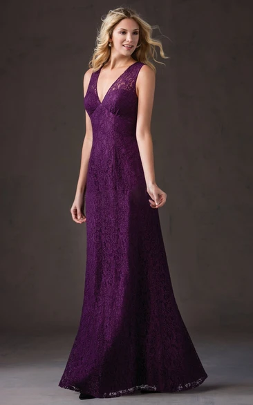 Illusion Lace Bridesmaid Dress V-Neck Long Simple