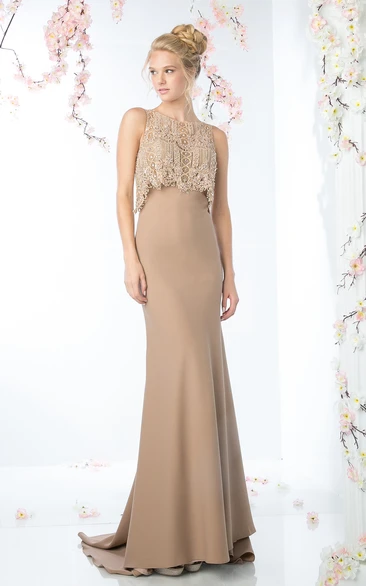 Sleeveless Sheath Jersey Illusion Formal Dress with Beading and Lace