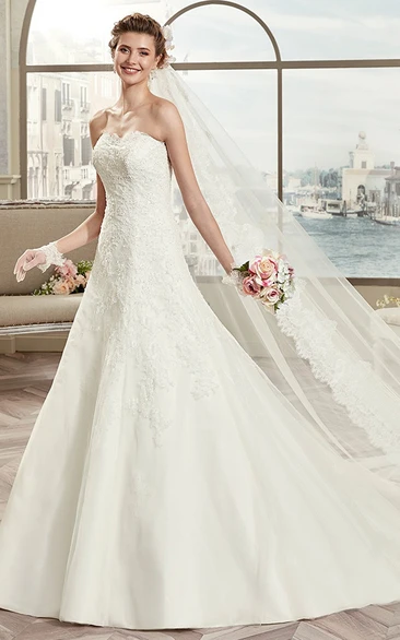 Lace Strapless A-Line Wedding Dress with Open Back and Brush Train