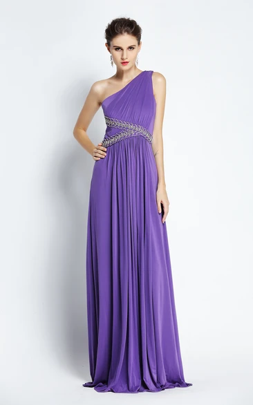 One-shoulder Chiffon Sleeveless A-Line Prom Dress Pleated and Beaded Floor-length Dress