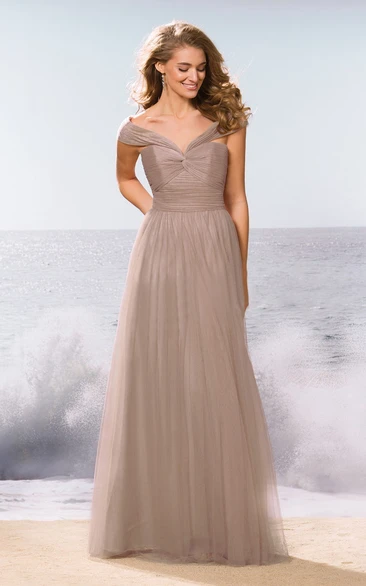 Off-Shoulder A-Line Bridesmaid Dress with V-Neck Pleats and Keyhole Back