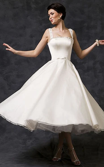Beaded Satin Strapped Wedding Dress Tea-Length A-Line Bridal Gown