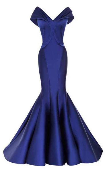 Satin Mermaid Formal Dress with Cap Sleeves and V-Neckline