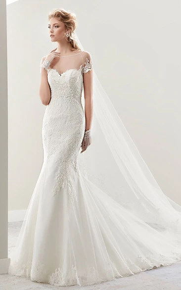 Jewel-Neck Illusion Sheath Wedding Dress with Court Train