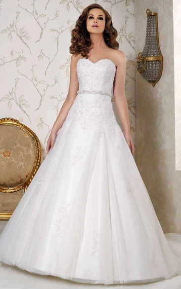 Sweetheart Appliqued Tulle Wedding Dress with Chapel Train and Backless Stunning Bridal Gown