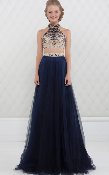 Maxi Tulle Prom Dress with High-Neck Beaded Sleeveless A-Line and Elegant Waist Jewellery