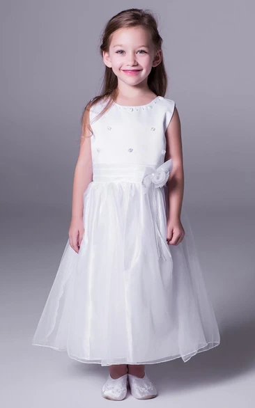 Floral Satin A-Line Tea-Length Flower Girl Dress with Bow Elegant Wedding Dress