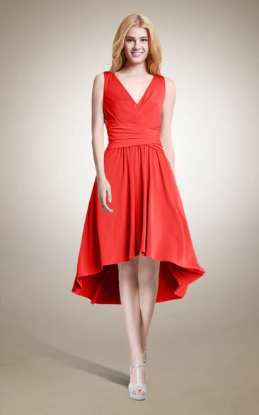 V-neck Jersey Prom Dress with High Low Hemline and Pleats