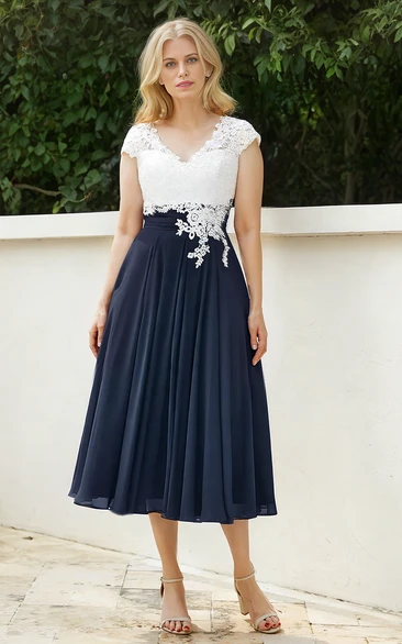 Petite Tea-length Sexy Elegant A-Line V-neck Lace Appliques Chiffon Short Cap Sleeve Mother of the Bride Guest Dress