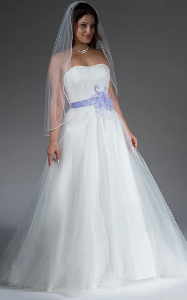 A-line Organza Strapless Wedding Dress with Purple Flower Sash