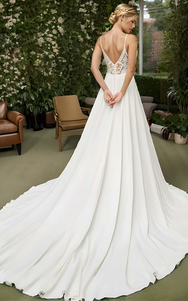 Elegant Casual V-Neck A-Line Satin Lace Wedding Dress Classic Summer Floral Lace Back Cathedral Train Bridal Gown