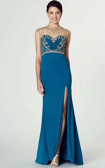 Long Cap-Sleeve Sheath Jersey Prom Dress Unique Formal Gown with Illusion Back and Split Front