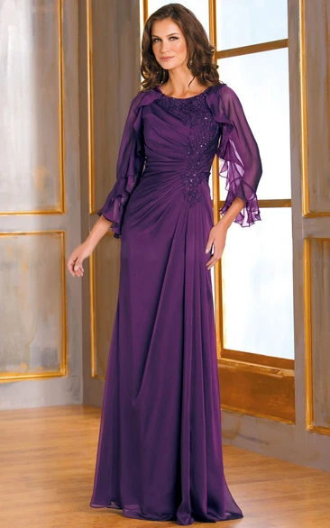Ruffled Beaded Mother Of The Bride Dress with Long Sleeves