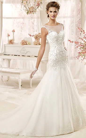 Illusion Wedding Gown with Beaded Appliques and Open Back Unique Wedding Dress