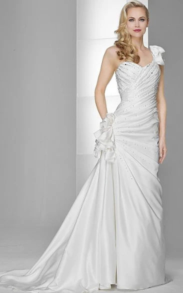 One-Shoulder Satin Wedding Dress with Beading and Flower Sheath