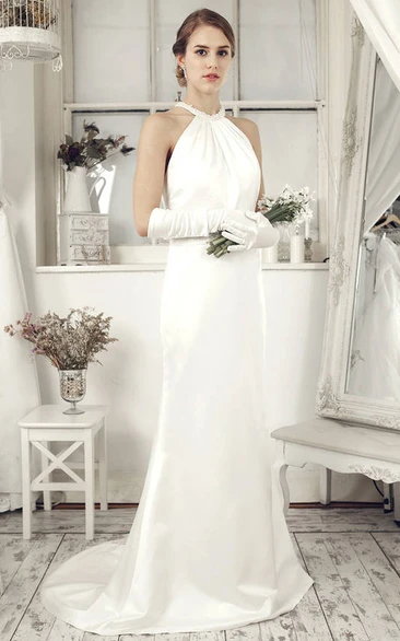 Beaded Satin High Neck Sheath Wedding Dress with Floor-Length Design