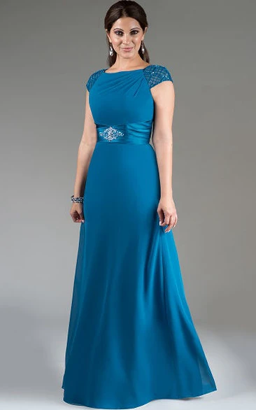 A-Line Mother of the Bride Dress with Crystal Satin Sash Beaded Cap Sleeve Long