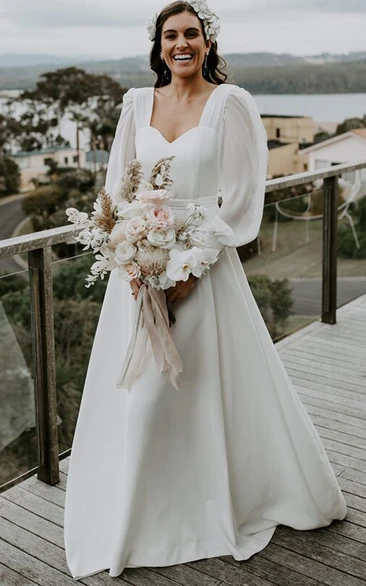 Queen Anne Chiffon A-Line Wedding Dress with Long Sleeves and Open Back