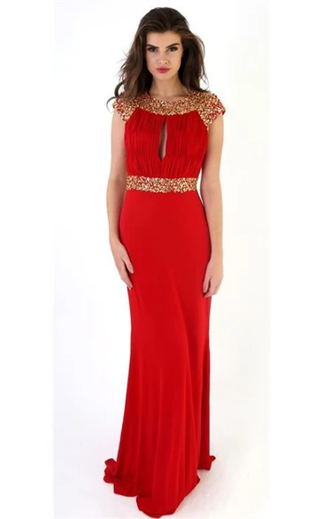 Cap-Sleeve Beaded Sheath Long Scoop Jersey Prom Dress with Ruching and Keyhole Back Modern Prom Dress